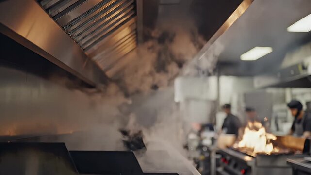Busy Commercial Kitchen Scene - A bustling commercial kitchen with chefs actively preparing meals. The video focuses on a large hood vent with steam rising, indicating intense cooking activity.