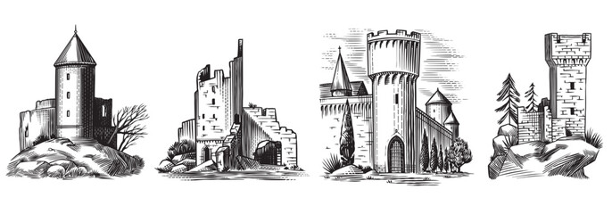 Fototapeta premium Old castles and towers of a medieval building. Fortress or Chateau with ruins and walls. Hand drawn engraving in traditional style. Lineart illustration for branding