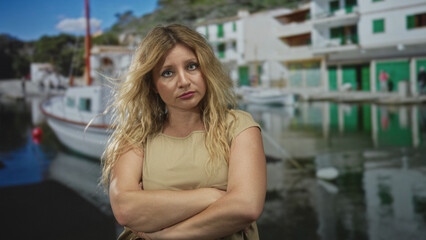 Fototapeta premium Woman with arms crossed by boat beside a port building, facing camera with a stern expression; defiance rejection.