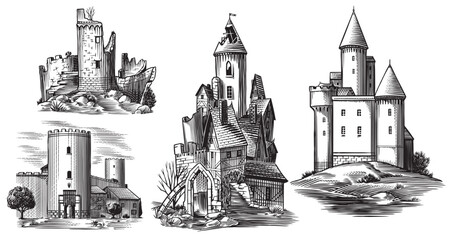 Fototapeta premium Old castles and towers of a medieval building. Fortress or Chateau with ruins and walls. Hand drawn engraving in traditional style. Lineart illustration for branding