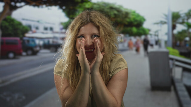 Woman cupping hand to mouth shouting on busy city street near parked vans and palm trees with blurred pedestrians; urgent plea.