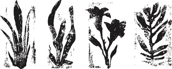Obraz premium hand drawn floral botanical leaves and flowers set in black ink brush stroke