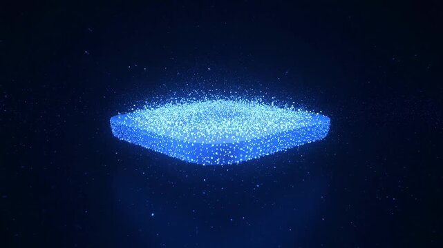 Glowing blue particles form a vibrant rectangular shape on a dark background