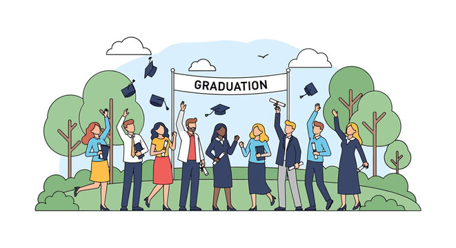 Diverse group of students celebrating graduation day outdoors with caps tossed in the air holding diplomas symbolizing achievement education and future success depicted in a cheerful and vibrant