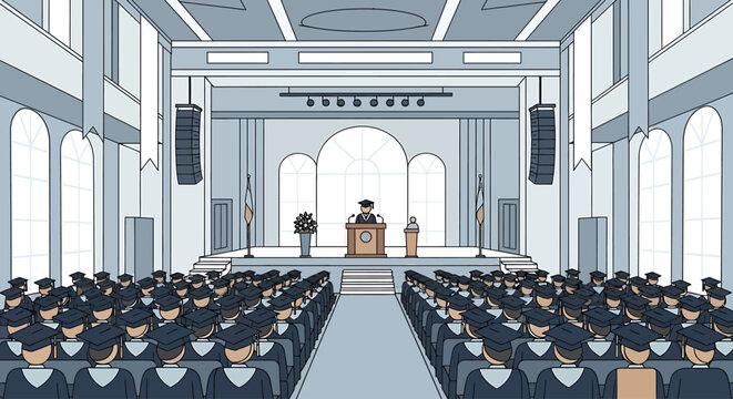 Graduation Ceremony Scene Depicting Students in Academic Attire Seated in a Formal Auditorium Awaiting Recognition and Tassels for Achievement Celebration Education Learning Achievement Ceremony