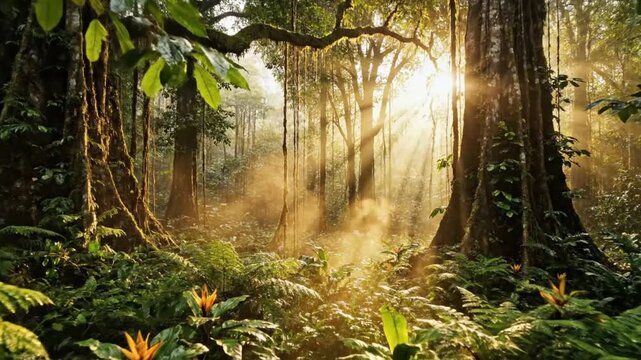 Serene forest scene with sunlight filtering through trees, casting misty rays among lush green foliage and vibrant orange flowers in a dense tropical rainforest.