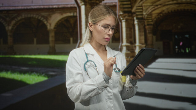 Woman doctor in white coat taps tablet while holding stethoscope in a building; focused clinical care.