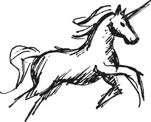 Fototapeta premium unicorn sketch drawing magical horse with horn, fantasy creature illustration mythical animal, fairy tale art, hand drawn