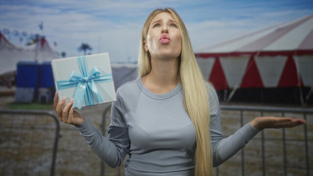 Woman holding gift box, palms up questioning gesture on street near circus tent and barricade; frustration surprise.