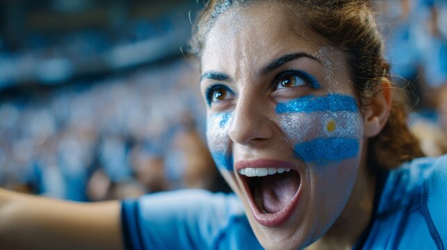 Euphoric woman in a football stadium with her face painted with the colors of the Argentine flag, cheering and supporting her team.