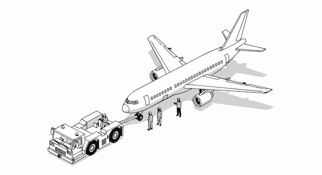Airplane Pushback Isometric Line Art Illustration: Commercial Jet with Ground Crew and Towing Tractor on Airport Apron