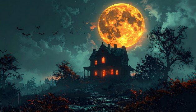 Spooky Haunted House Under a Glowing Full Moon.