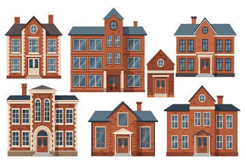 Fototapeta premium collection of diverse building facades flat design vector illustration on white background.