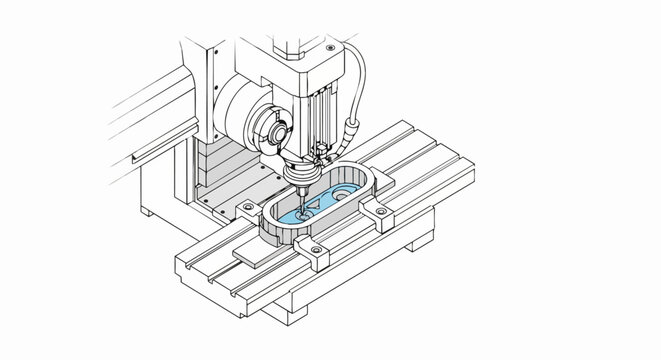 Isometric CNC Milling Machine Line Art Illustration - Industrial Precision Engineering and Manufacturing Process Schematic