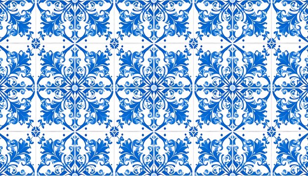 Ornate blue and white tile pattern featuring floral, geometric details