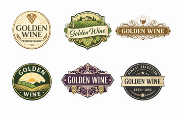 Obraz premium Golden wine labels collection featuring vintage winery logos, grape bunches, vineyards, and elegant branding elements