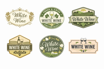 Obraz premium White wine labels collection depicting vineyards, grapes, and bottles, ideal for branding, packaging, and advertising design