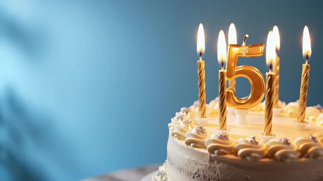 birthday cake featuring five glowing wax lights to mark specific five-year milestone, presented on soft pale sapphire surface with clear area for adding names or custom messages