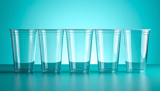 empty crystall clear plastic cups on cyan background