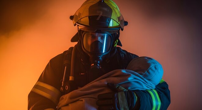 Portrait of a heroic firefighter protecting a young child amidst a dangerous fire. This powerful image represents the selfless dedication and courage celebrated on International Firefighters' Day