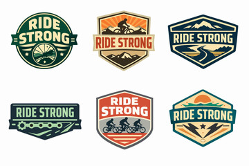 Fototapeta premium Collection of ride strong cycling emblems featuring bikers, mountains, roads, and gears, representing outdoor adventure and endurance