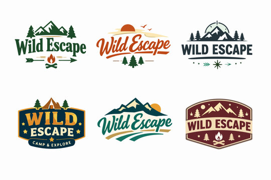 Wild escape logos array capturing the essence of outdoor adventure with mountains, forests, campfires, and tents