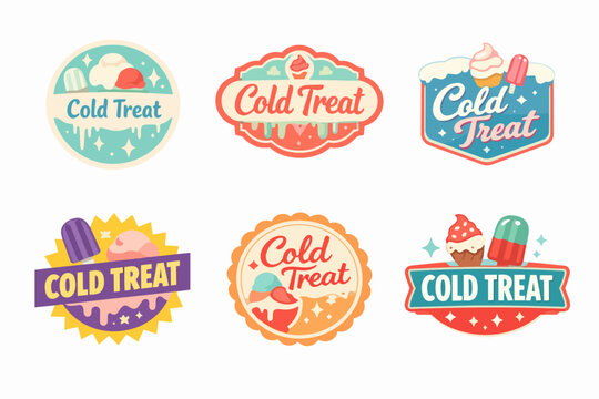 Cold treat badges and logos with ice cream, popsicle, and cupcake designs, a collection of sweet frozen dessert stickers
