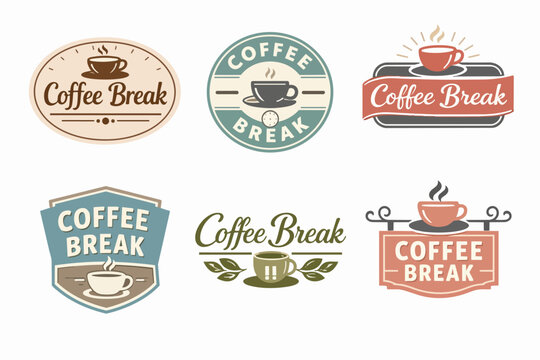 Coffee break vector logos collection for cafe branding, advertising a pause for hot beverages like coffee or tea