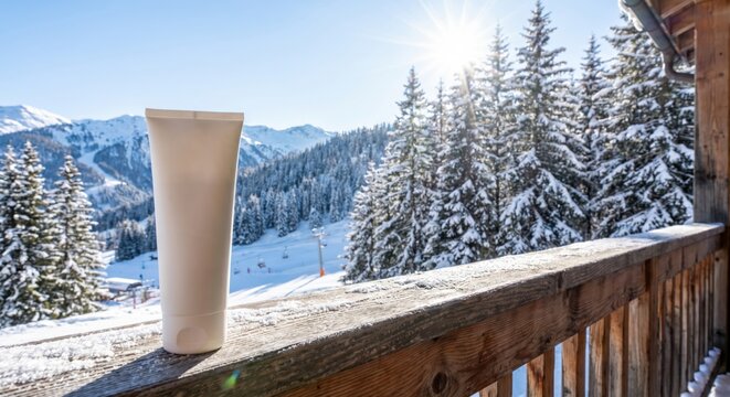 Sunscreen tube on wooden railing at winter ski resort
