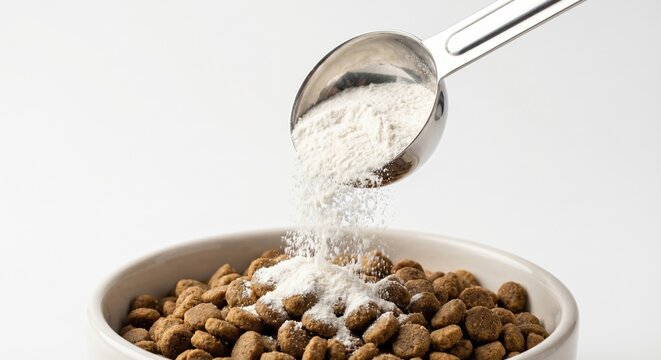 Silver spoon pouring supplement powder onto pet kibble