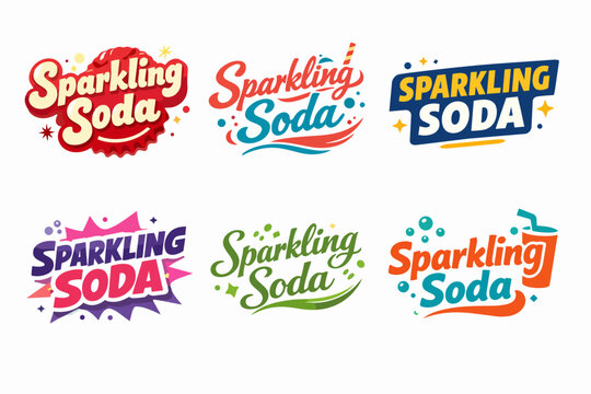 Sparkling soda logo set featuring various designs with bubbles, stars, and lettering, perfect for soft drink branding
