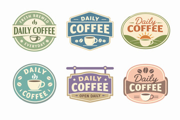 Obraz premium Daily coffee labels collection including cafe emblems, vintage badges, and breakfast drink designs for espresso shop branding