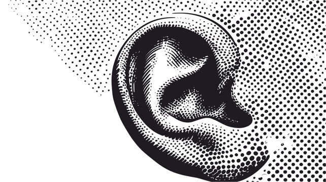 A detailed vector illustration of a human ear with a halftone effect background