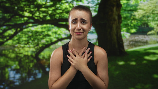Woman with buzz cut pressing hands together at chest in forest by a pond, pleading expression and upward gaze; hopeful plea.