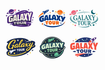 Fototapeta premium Galaxy tour text logos collection featuring rockets, planets, and stars for cosmic exploration and space travel branding