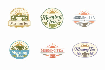 Obraz premium Branding set presenting various logo designs for morning tea, featuring sunrises, steaming cups, and tea leaves