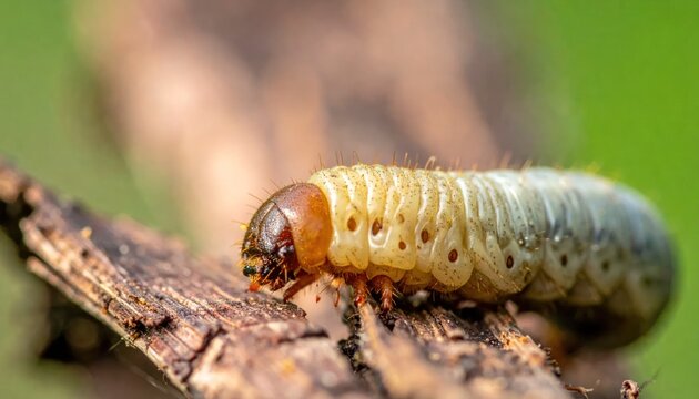 Caterpillar on Wooden Branch Closeup.