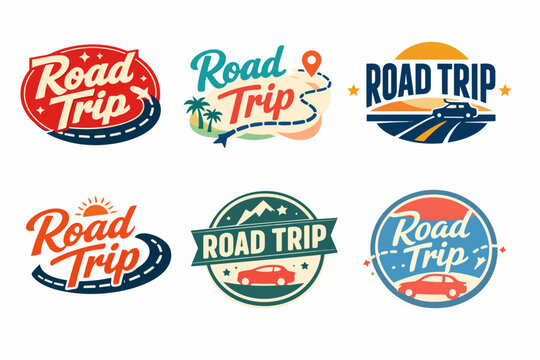 Set of vintage road trip design elements, badges, stickers, and logos for travel and vacation concepts, vector graphics