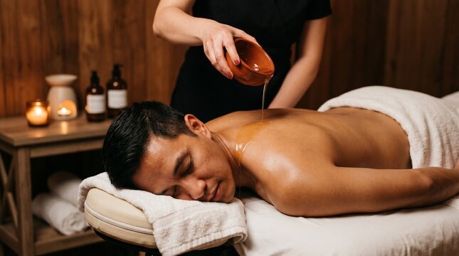 Professional therapist pouring warm massage oil on back of man in spa salon. Wellness body care, aromatherapy, physical therapy and relaxation treatment in luxury massage center.