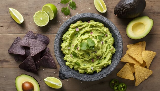 Delicious homemade guacamole served with corn and blue corn tortilla chips