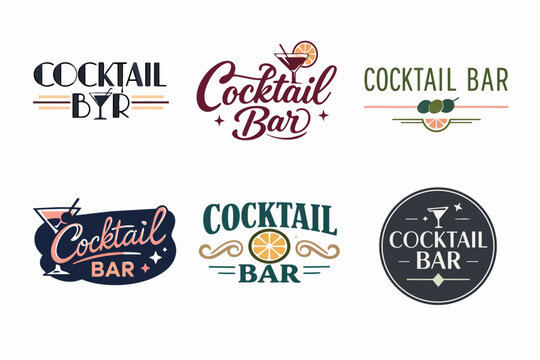 Six flat style cocktail bar logos featuring martini glasses, citrus slices, and olives, ideal for branding