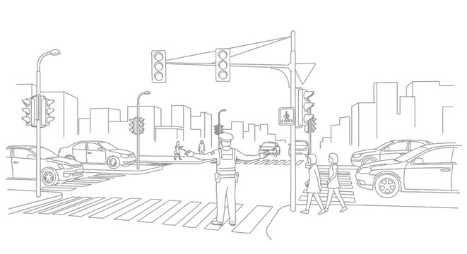 Sketch of a police officer directing traffic at a city intersection with cars and traffic signals traffic light hand drawn line art traffic control intersection illustration