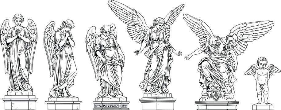 Black and white vector collection of classical angel statues and a cherub on pedestals in detailed renaissance etching line art.