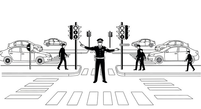 Line art of police officer directing traffic with cars and pedestrians at crosswalk traffic lights zebra crossing crosswalk pedestrians illustration intersection transport