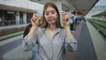 Obraz premium Woman showing air quotes with both hands and neutral expression on railway platform at busy train station; skepticism.