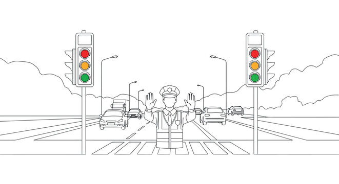 Traffic controller directing traffic at a pedestrian crossing with traffic lights showing red and green traffic flow line art zebra crossing road sign traffic control