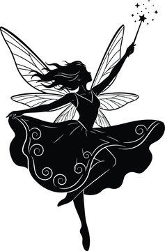 Black white silhouette of an enchanting flying fairy with delicate wings holding magic wand with sparkles for fantasy story design.
