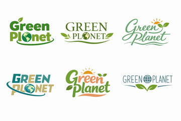 Naklejka premium Green planet logos presenting a variety of designs with earth, leaf, and sun elements for eco-friendly branding