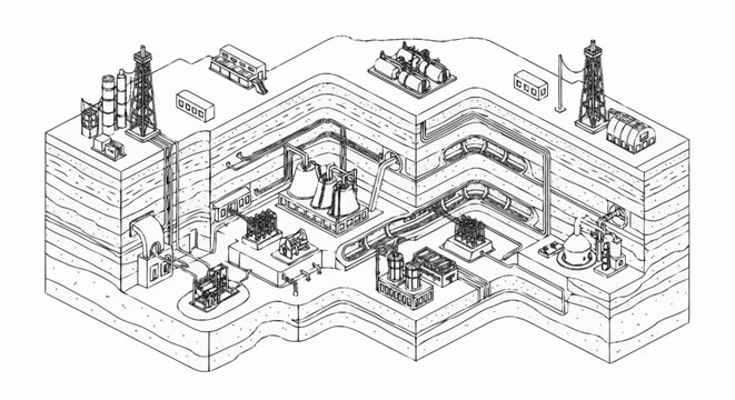 Diagram illustrating the complex underground infrastructure of a modern oil and gas extraction facility.