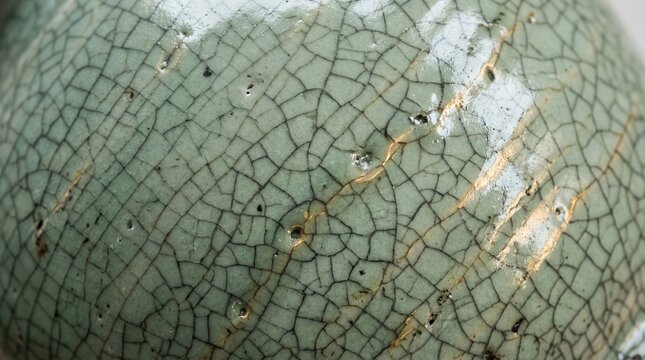 Cracked, antique ceramic vase, green crackle glaze, close-up, textured surface